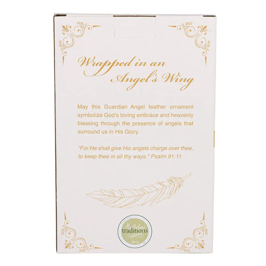 Angel's Wings Heart Porcelain Ornament packaging in white with gold foil script and feather motif Holiday Traditions seal on Tampa Home & Garden Store