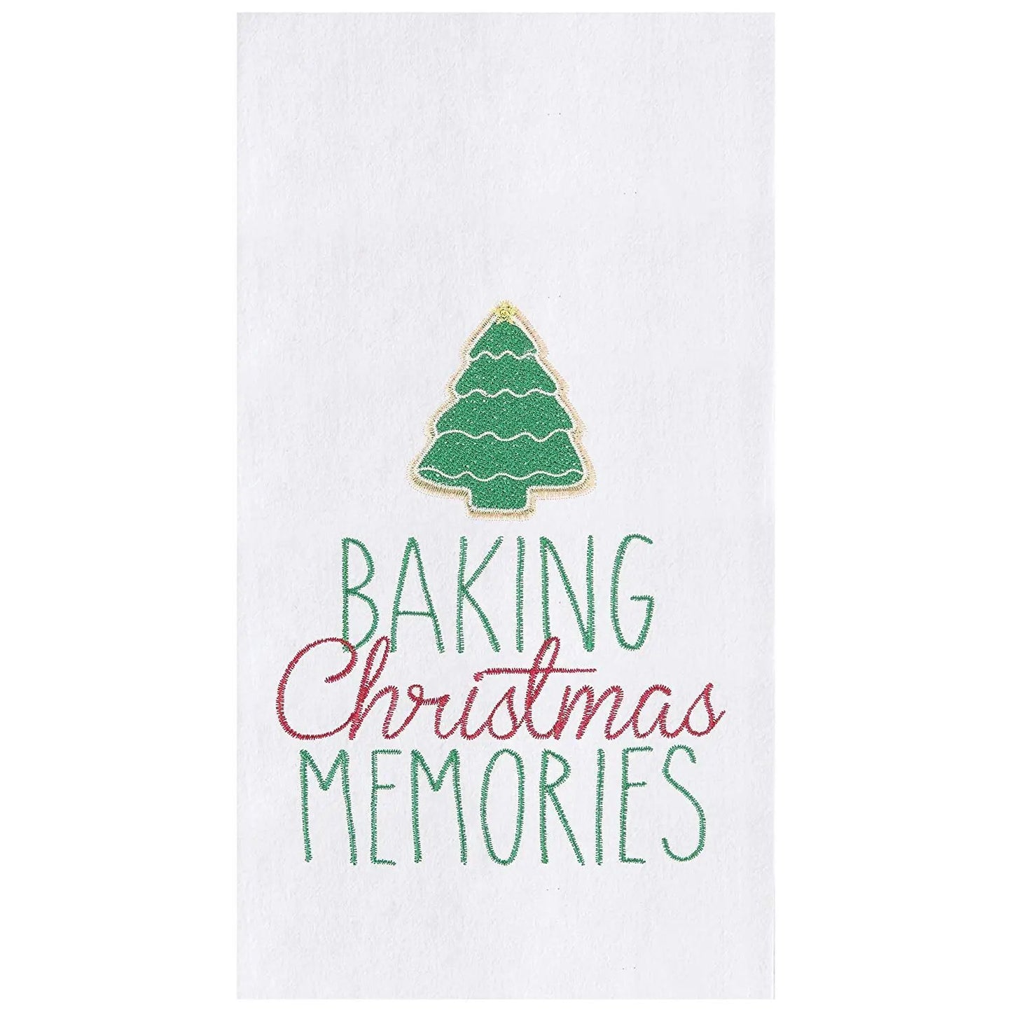 Flour sack towel with green embroidered Christmas tree and Baking Christmas Memories on Tampa Home & Garden Store