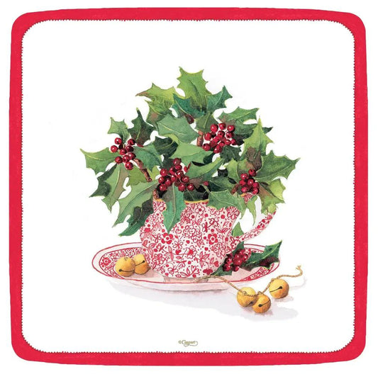 Caspari Christmas Tea dinner plate with red border and holly motif on Tampa Home & Garden Store