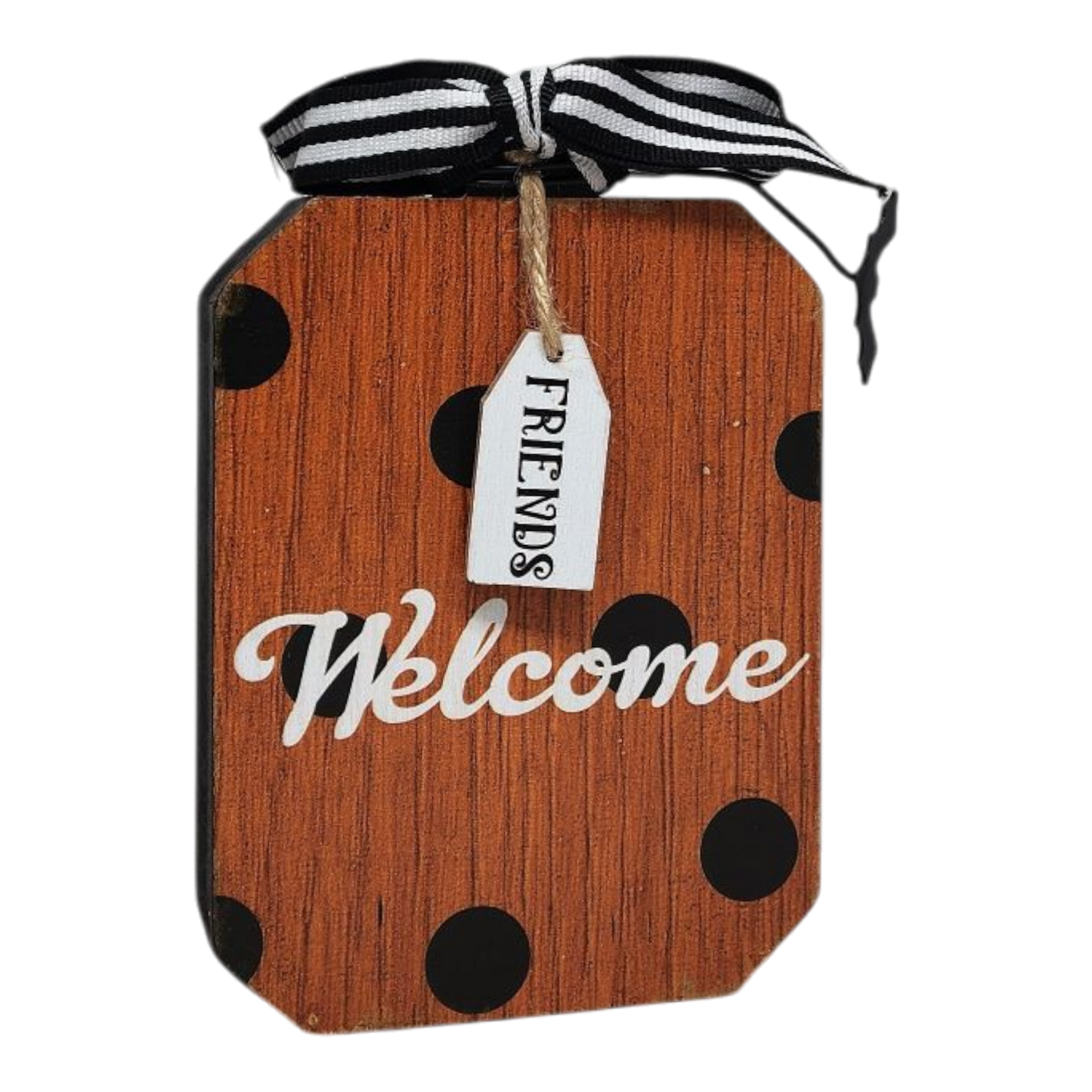 Halloween shelf sitter decor tag MDF wood with Welcome sign grain and black polka dots bow on Tampa Home & Garden Store