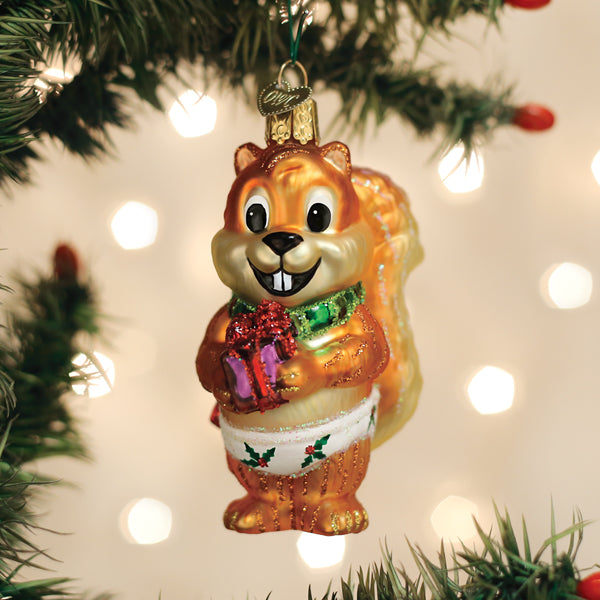 Silly Christmas Squirrel Ornament with Gift, orange-brown finish, holly belt on Tampa Home & Garden Store