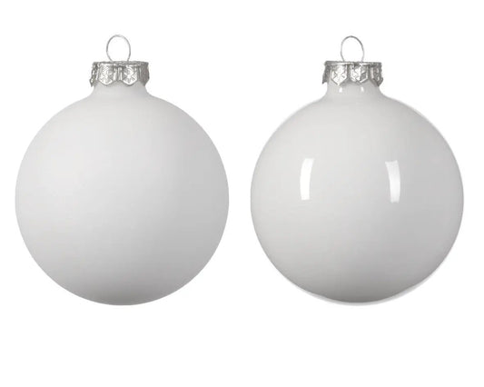 Winter White glass Christmas ornaments, two shown with silver caps, part of set of 10 on Tampa Home & Garden Store