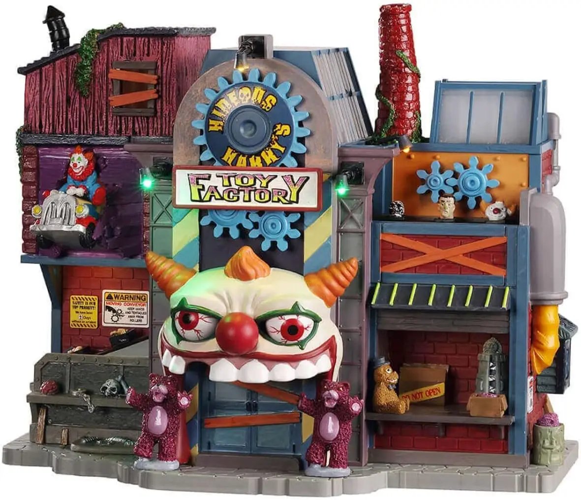Hideous Harry's Toy Factory Playset with clown-faced facade and gears for Halloween village fun on Tampa Home & Garden Store