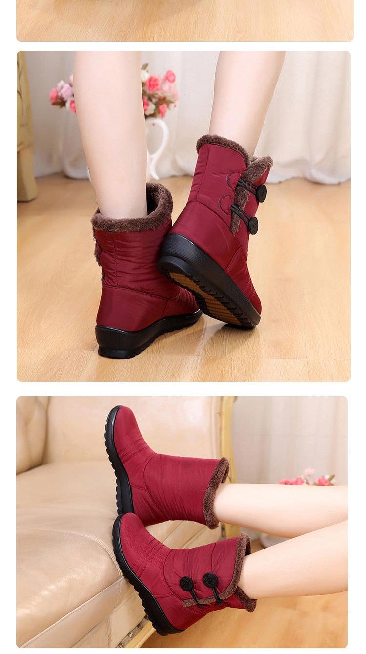 Non-Slip Snow Boots Stevvex red winter boots with brown fur lining and toggle laces on Tampa Home & Garden Store