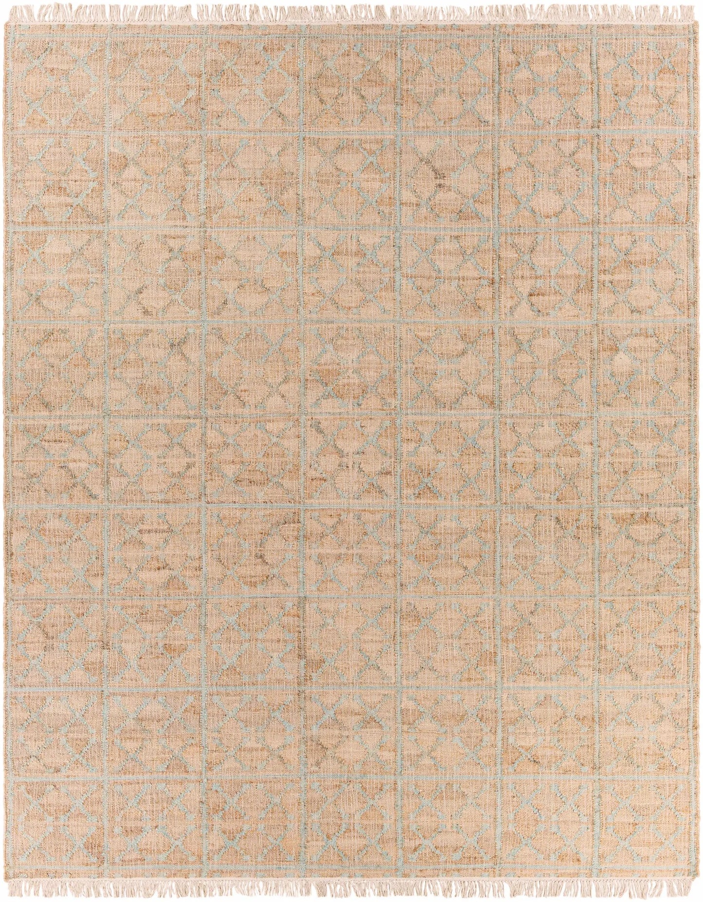 Rice Dusty Sage Fringed Jute Carpet by Boutique Rugs with blue lattice pattern on Tampa Home & Garden Store