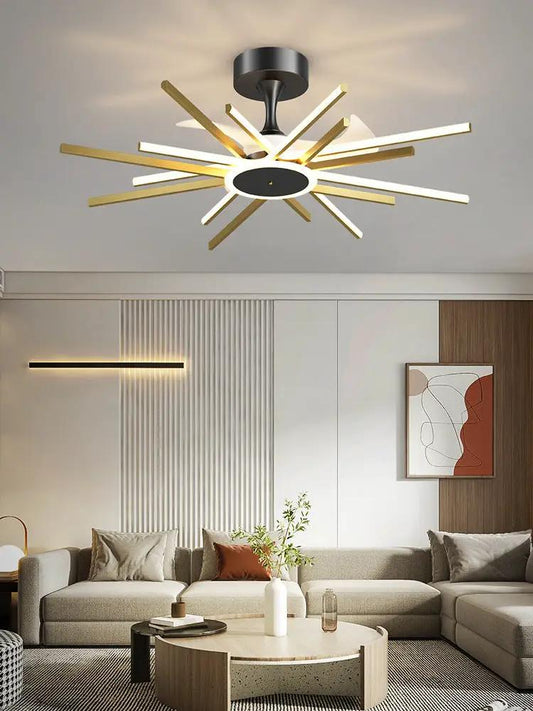 Nordic Light Luxury Living Room Fan Lamp chandelier Decorbites, gold and black starburst spokes on Tampa Home & Garden Store