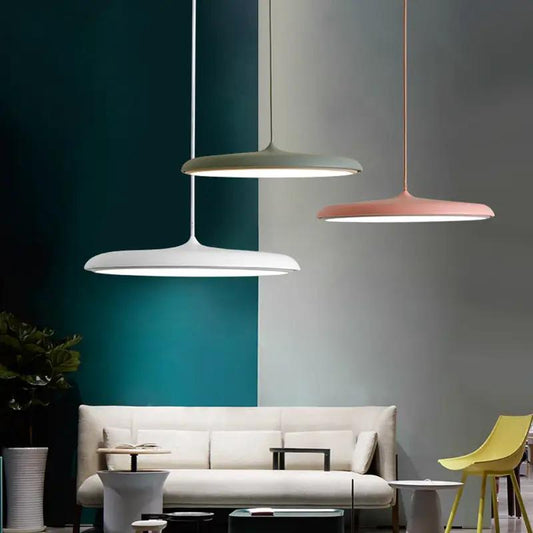 Decorbites Nordic Modern LED chandelier pendant lights in white olive pink above a white sofa on Tampa Home & Garden Store