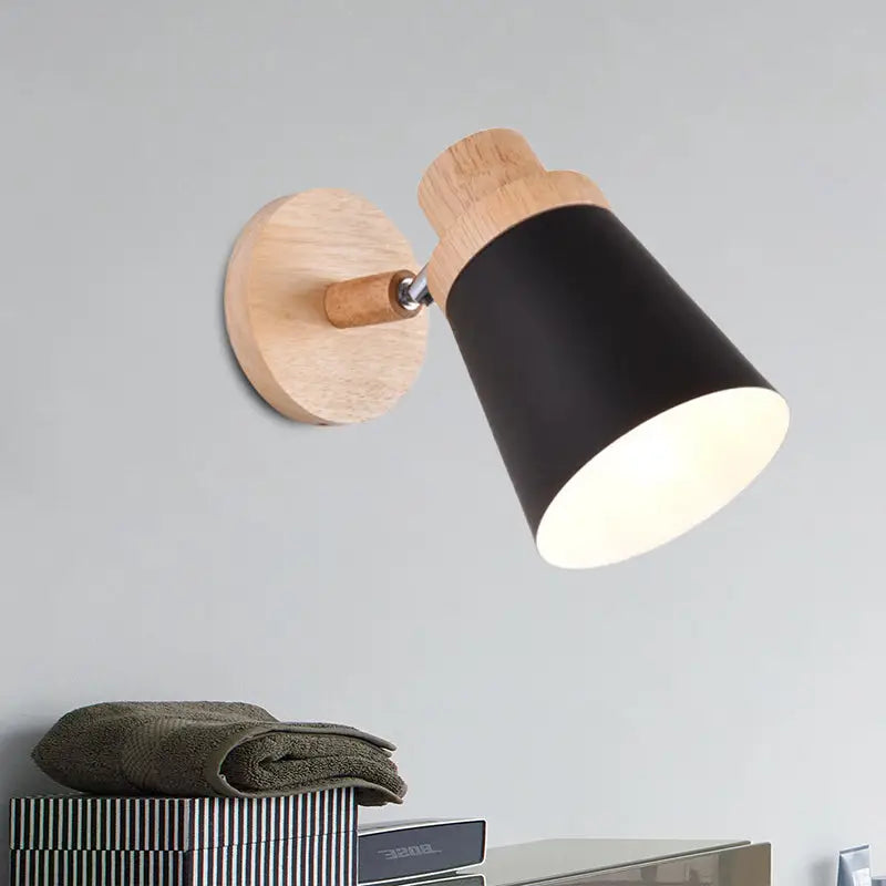 Gray Wood Coolie Wall Light with black cone shade and natural wood wall plate on Tampa Home & Garden Store