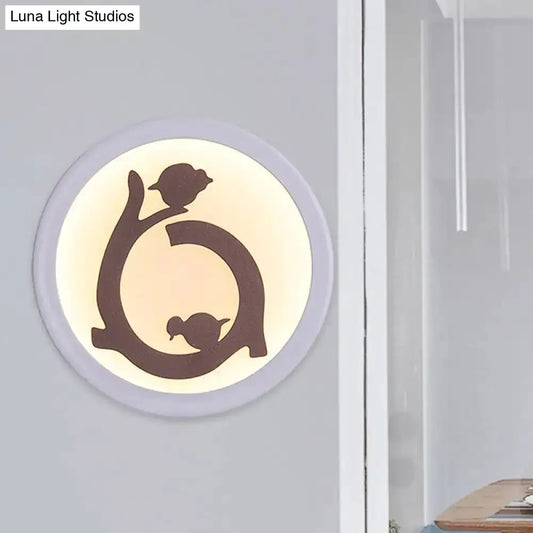 LED Acrylic Wall Sconce with Bird Silhouette, round white diffuser, brown bird cutout Decorbites on Tampa Home & Garden Store