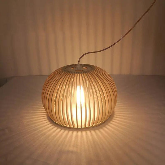 Nordic Wood and Half Round Pumpkin Chandelier wooden slat sphere light Decorbites warm glow on Tampa Home & Garden Store