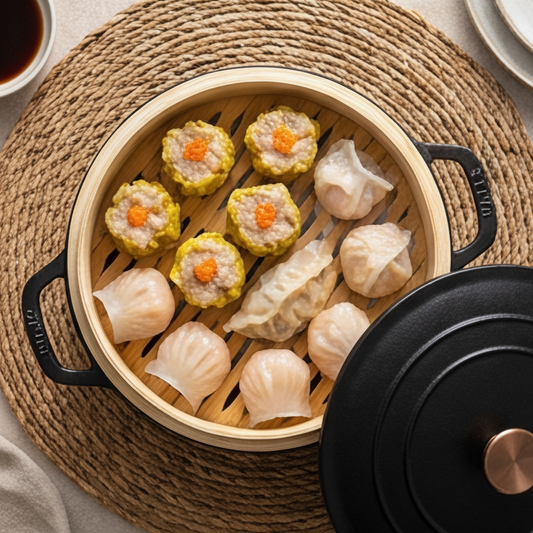 Enameled cast iron Dutch oven 2.5-Qt with bamboo steamer insert and dumplings on Tampa Home & Garden Store