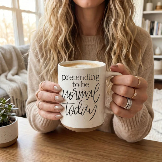 Coffee mug Gia Roma Pretending to Be Normal Today white ceramic with black script 16oz on Tampa Home & Garden Store