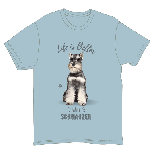 Life Is Better With a Schnauzer T‑Shirt, light blue, by The Country Christmas Loft on Tampa Home & Garden Store