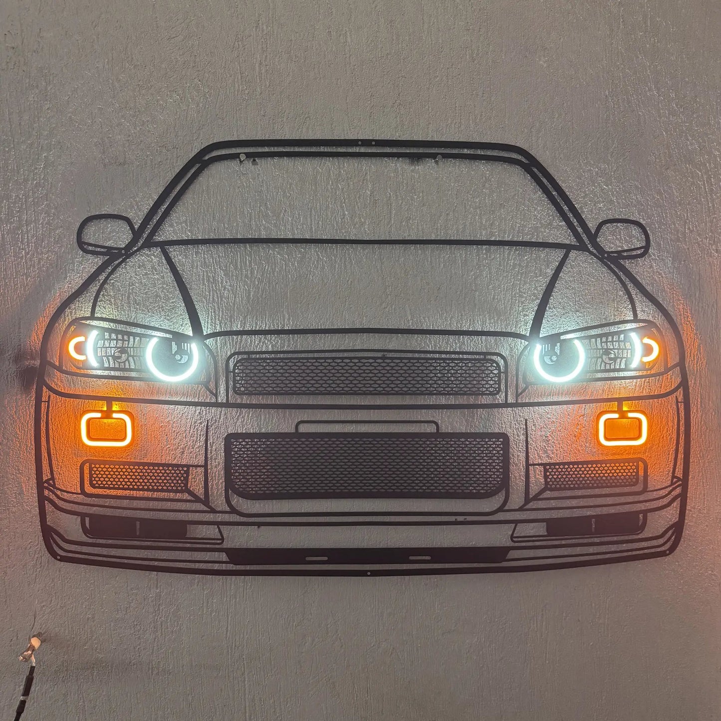 GT-R R34 front view metal neon wall art by Modello Turbo, car outline with blue headlights on Tampa Home & Garden Store