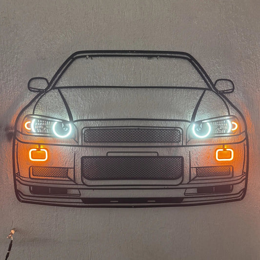 GT-R R34 front view metal neon wall art by Modello Turbo, car outline with blue headlights on Tampa Home & Garden Store
