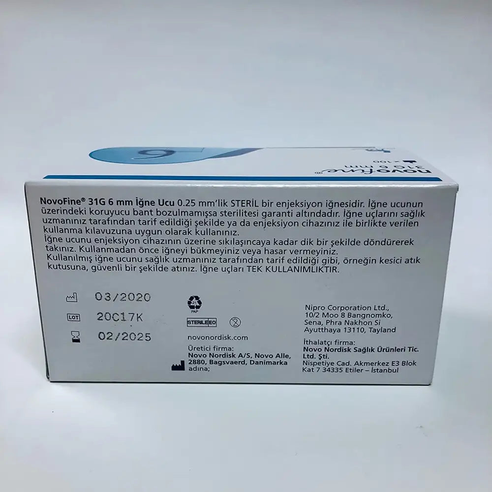 NovoFine 31G 6mm pen needles box, white with blue design, Turkish text on side on Tampa Home & Garden Store