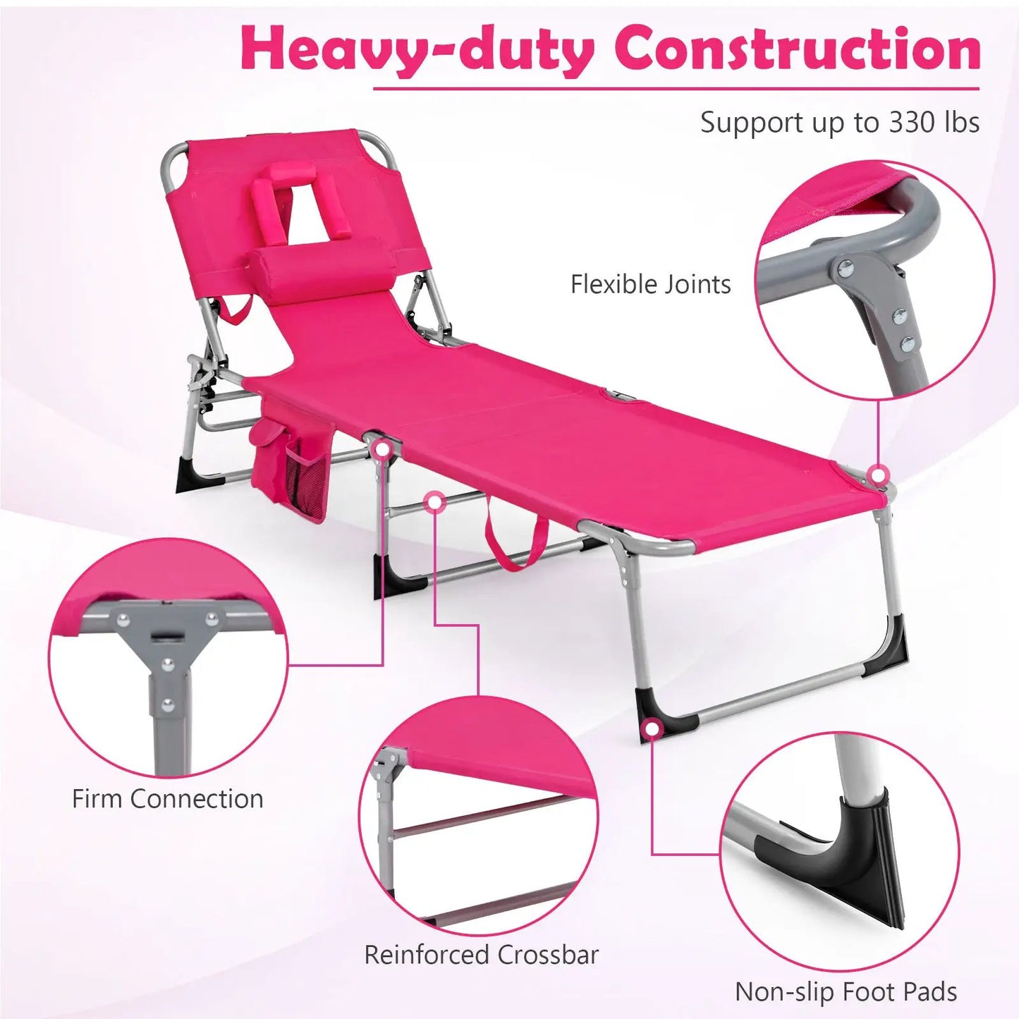 Folding Beach Lounge Chair with Pillow pink fabric, aluminum frame, DirectDeals sunlounger on Tampa Home & Garden Store