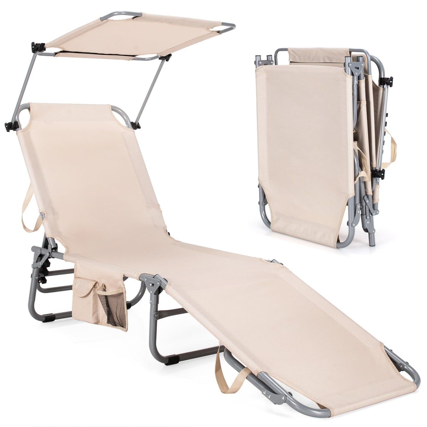 Tumbona reclinable ajustable para exteriores, playa, patio, piscina con parasol - Negra