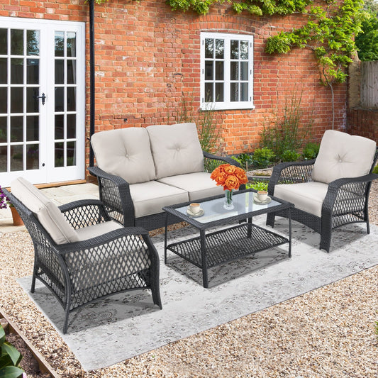 4 Pieces Patio Wicker Furniture Set Loveseat Sofa Coffee Table with Cushion-Beige - Tampa Home & Garden Store