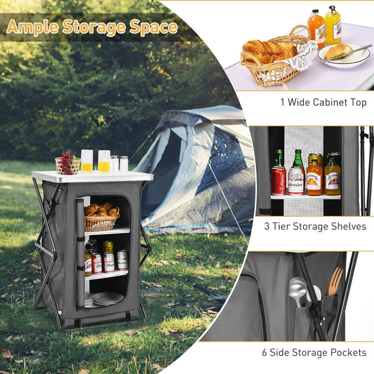 DirectDeals folding camping storage cabinet with 3 shelves in gray fabric, outdoor carry bag on Tampa Home & Garden Store