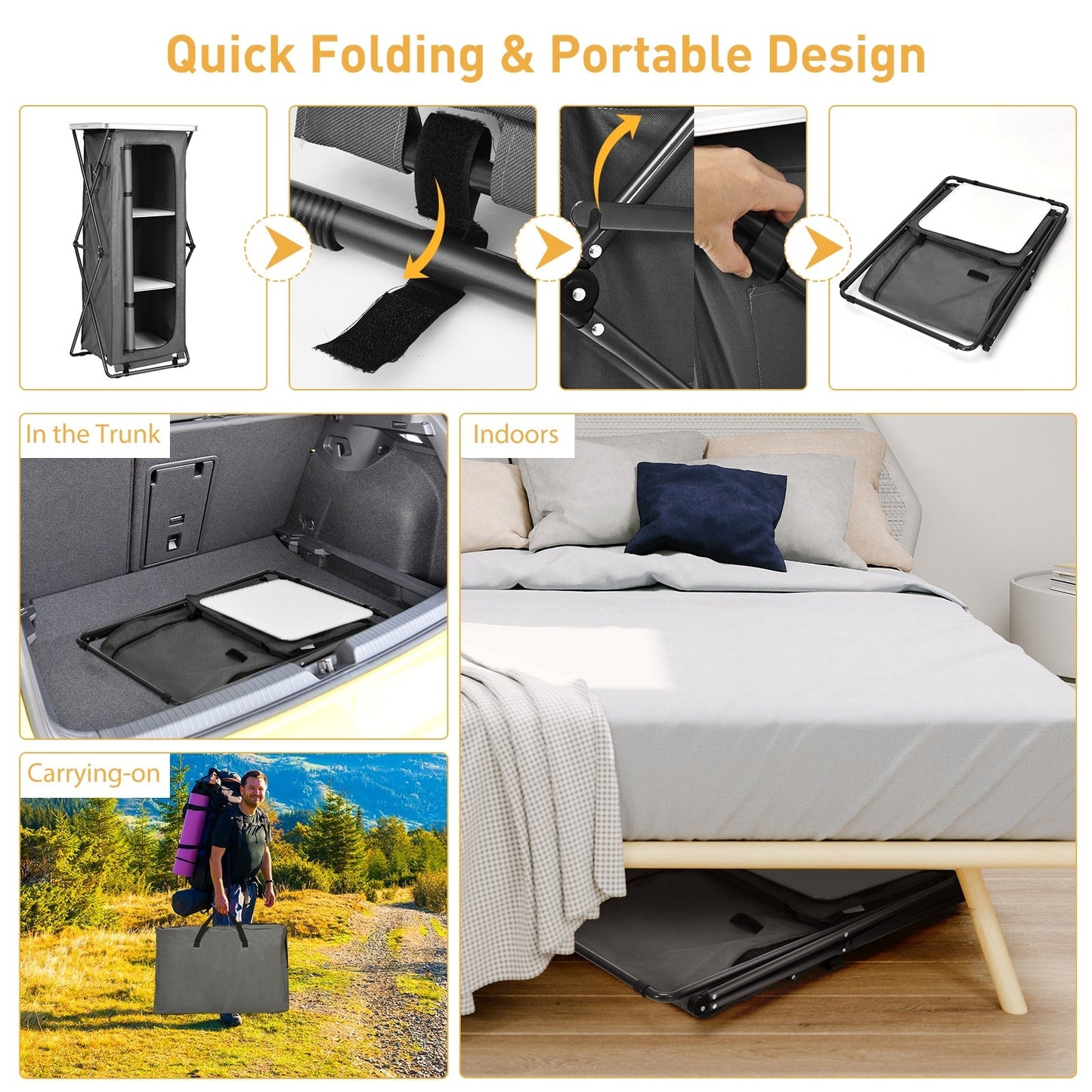 GemGear Folding Camping Storage Cabinet with 3 Shelves in gray and carrying bag on Tampa Home & Garden Store