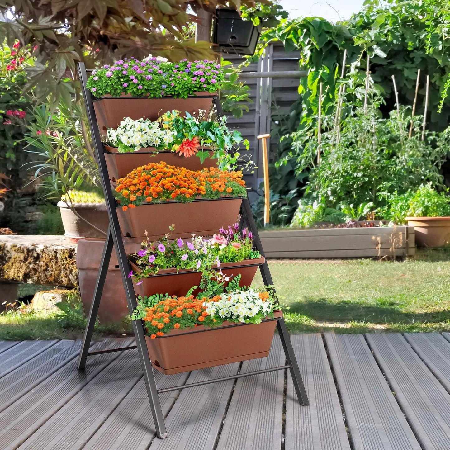 5-tier vertical garden planter on black metal stand with brown troughs blooms DirectDeals on Tampa Home & Garden Store