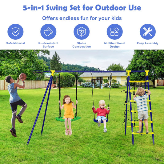 5-In-1 Outdoor Kids Swing Set with A-Shaped Metal Frame and Ground Stake - Tampa Home & Garden Store
