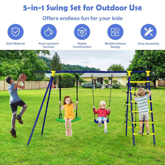5-in-1 outdoor swing set with blue A-frame and yellow ladder in a backyard with kids on swings on Tampa Home & Garden Store