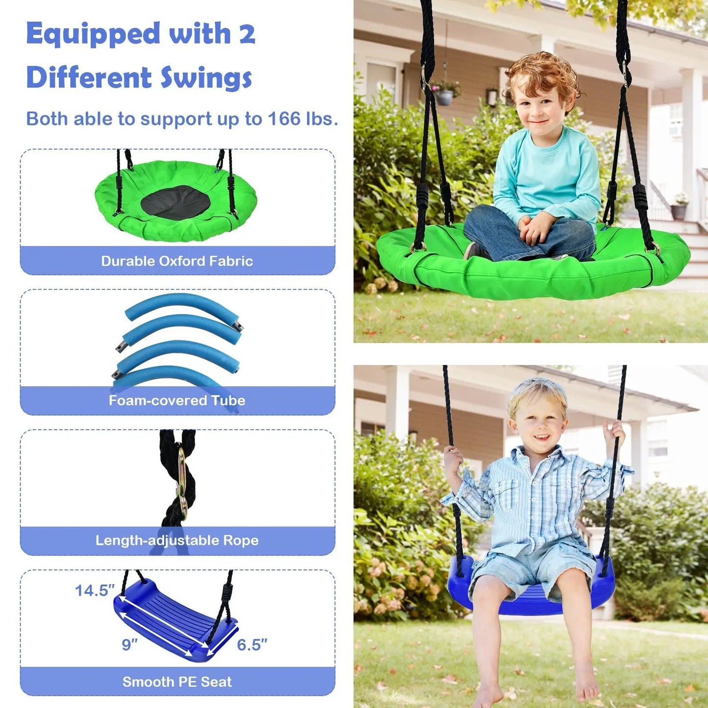 5-in-1 Outdoor Kids Swing Set with A-shaped frame and bright green round swing seat, rope suspensions on Tampa Home & Garden Store