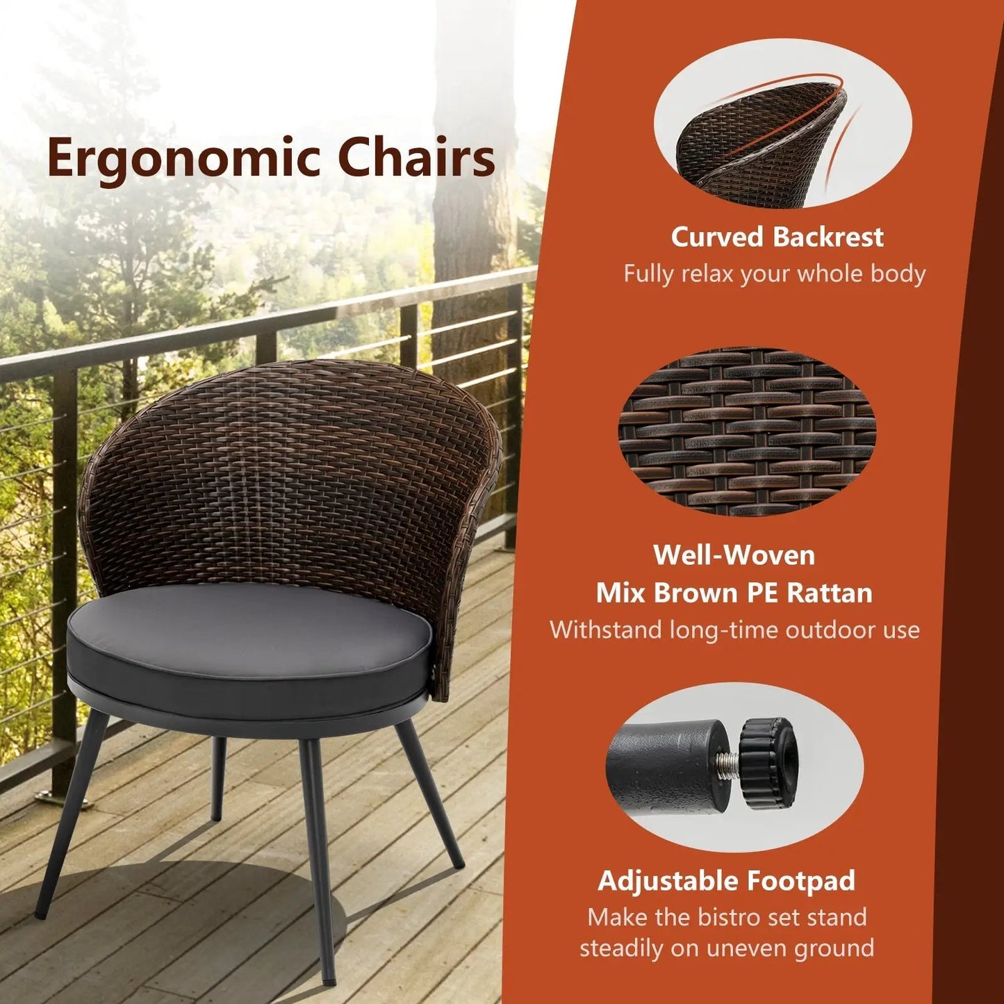 3 Piece Patio Rattan Bistro Set With 2 Cushions by DirectDeals, brown wicker outdoor chair on Tampa Home & Garden Store