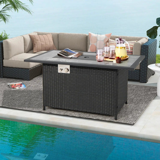 52 Inch Rattan Wicker Propane Fire Pit Table with Rain Cover and Lava Rock-Black - Tampa Home & Garden Store