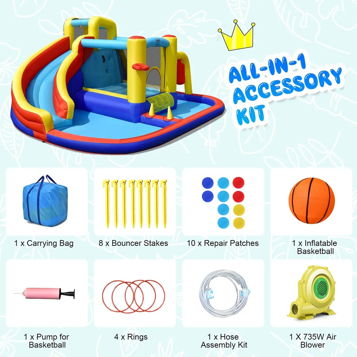 7 in 1 Inflatable Water Slide and Splash Pool by DirectDeals in bright blue, yellow, and red with 735W blower on Tampa Home & Garden Store