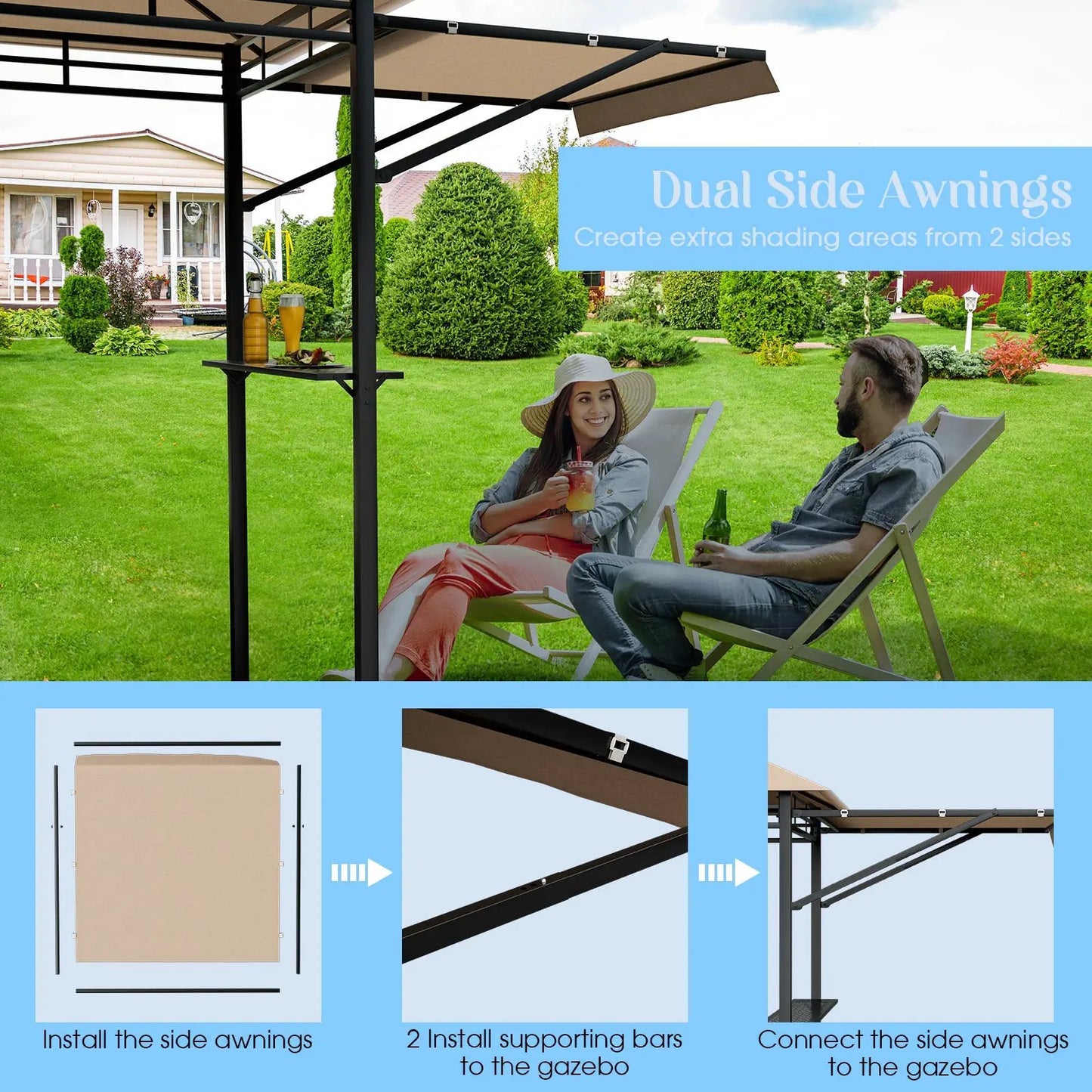 DirectDeals BBQ Gazebo Canopy 13.5 x 4 ft with dual side awnings, beige canopy, black frame on Tampa Home & Garden Store