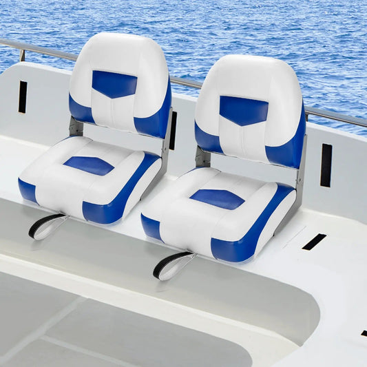 Set of 2 folding low back fishing boat seats white and blue with metal frames on Tampa Home & Garden Store