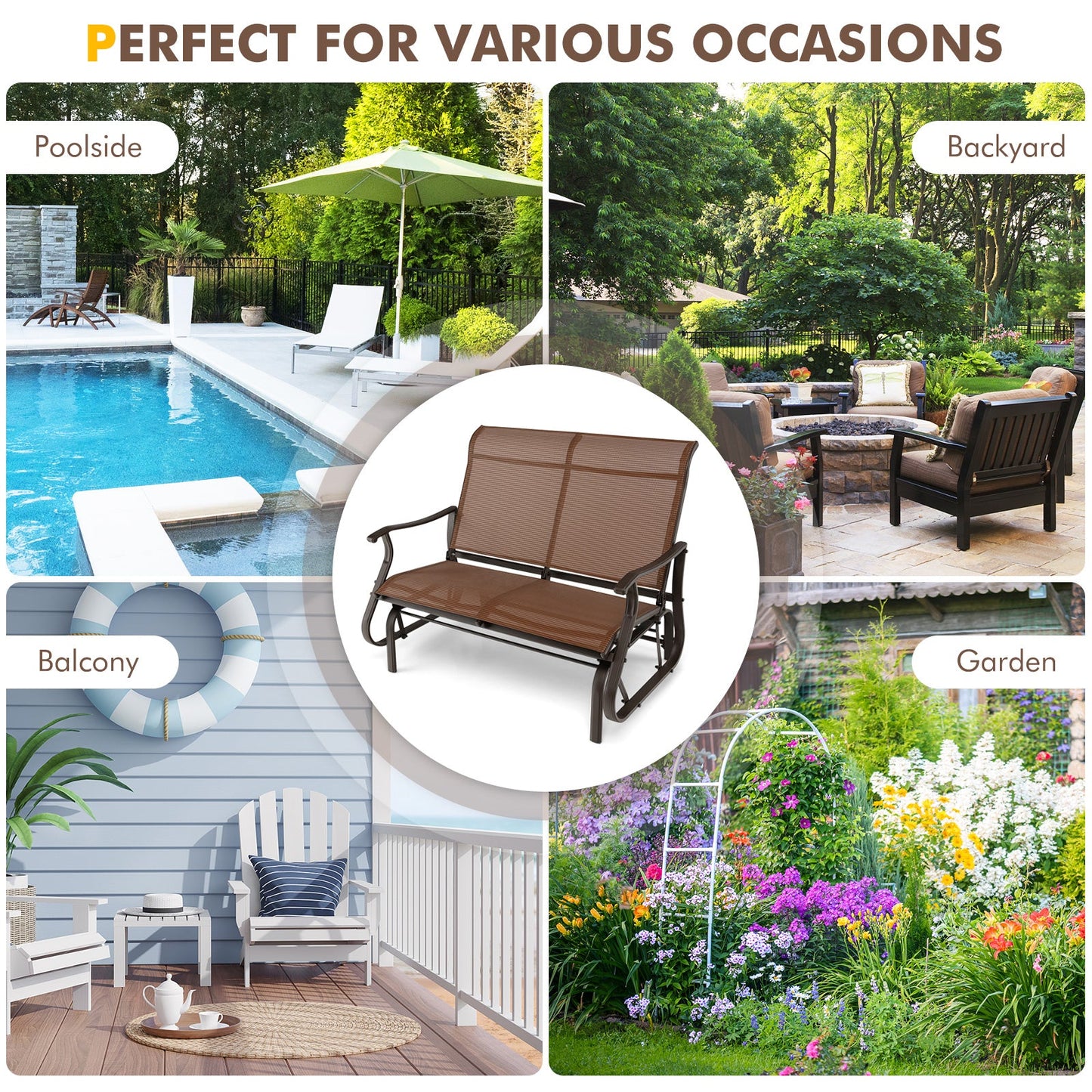 2-person patio glider bench with high back, brown mesh seat, black metal frame DirectDeals on Tampa Home & Garden Store