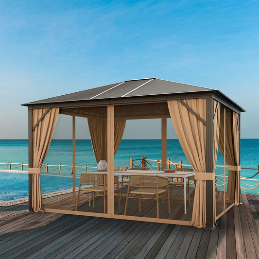 12 x 10 ft outdoor hardtop gazebo with galvanized roof and beige curtains with mesh sides on Tampa Home & Garden Store