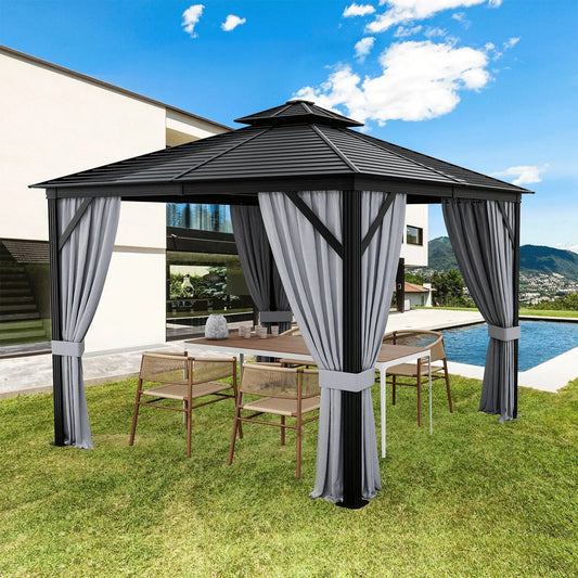 10 x 10 Feet Double-Top Hardtop Gazebo with Galvanized Steel Roof-Gray - Tampa Home & Garden Store