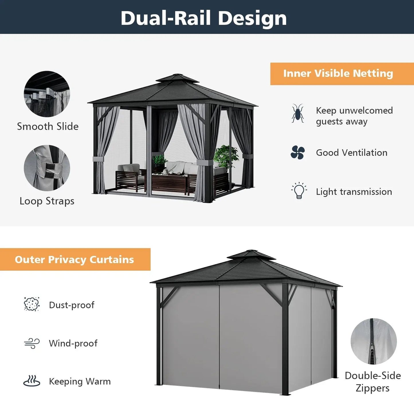 10 x 10 ft double-top gazebo with galvanized roof and gray curtains DirectDeals on Tampa Home & Garden Store