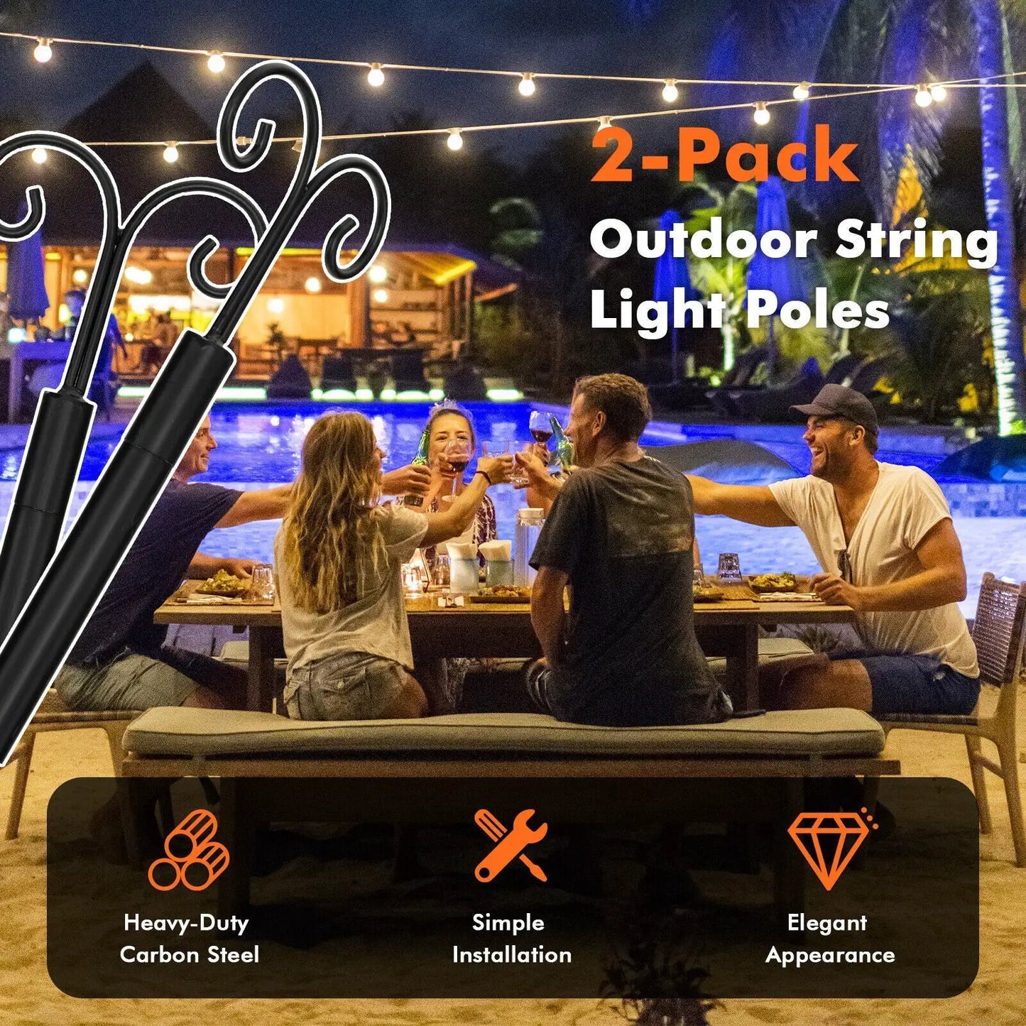 String Light Poles 2 Pack Outdoor Metal Poles with Top Arc Hook and 5-Prong Base-10 ft - Tampa Home & Garden Store