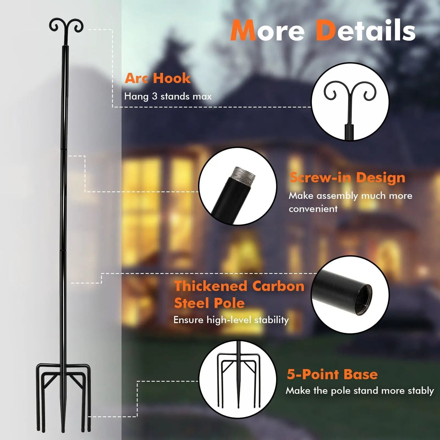 String Light Poles 2-Pack in black metal with arc hook and 5-prong base for outdoor canopy use on Tampa Home & Garden Store