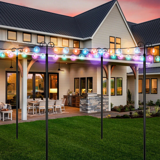 String Light Poles 2 Pack Outdoor Metal Poles with Top Arc Hook and 5-Prong Base-10 ft - Tampa Home & Garden Store
