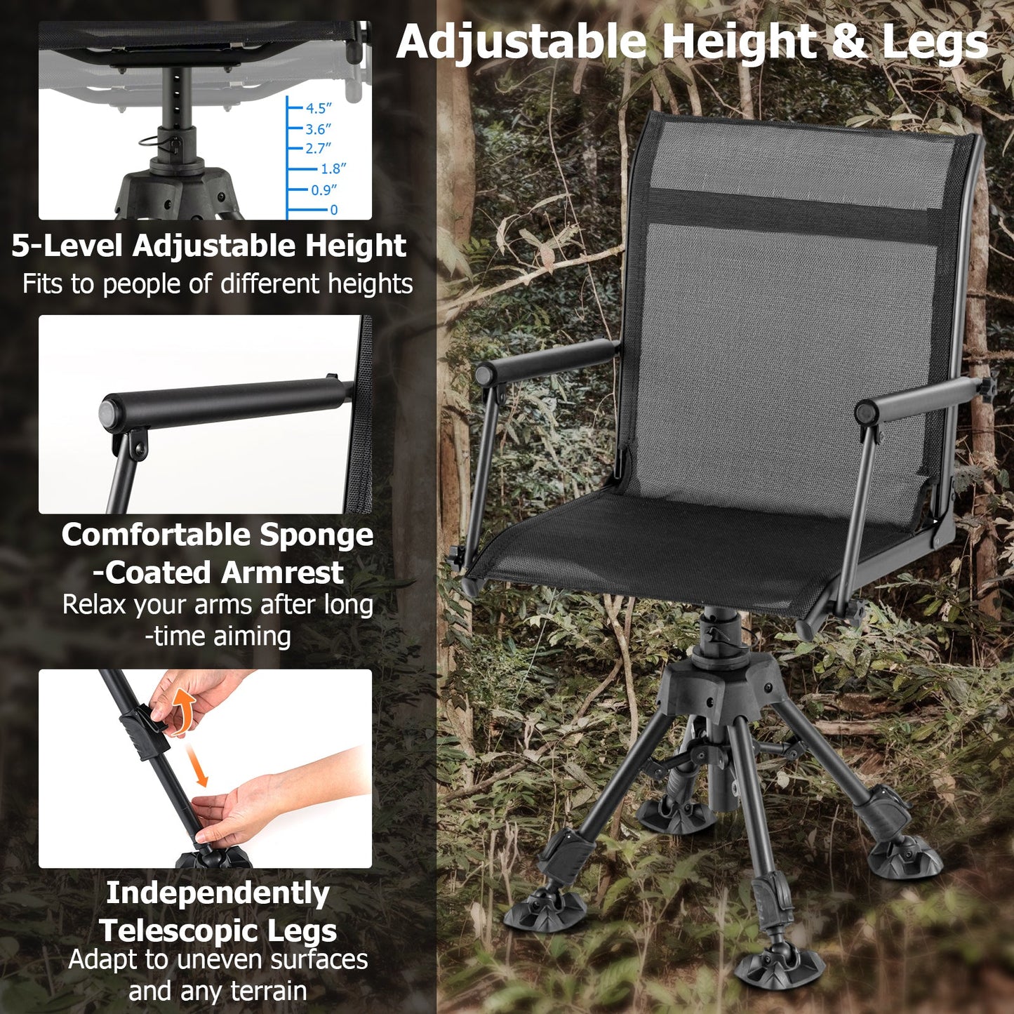 GemGear folding swivel chair with 4 adjustable legs, black mesh seat and arms on tripod base on Tampa Home & Garden Store