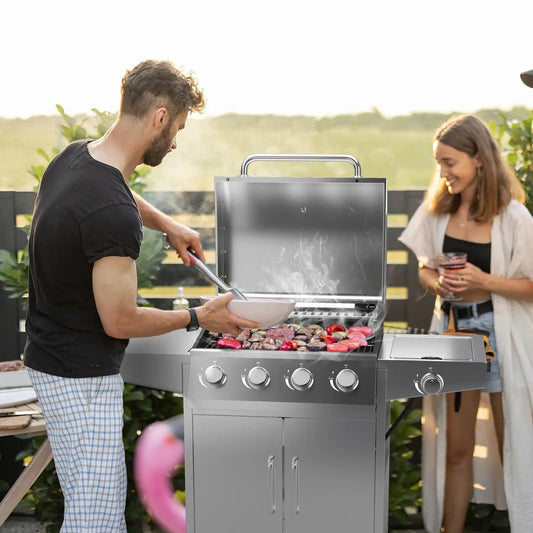 50000BTU 5-Burner Propane Gas Grill with Side Burner and 2 Prep Tables-Silver - Tampa Home & Garden Store