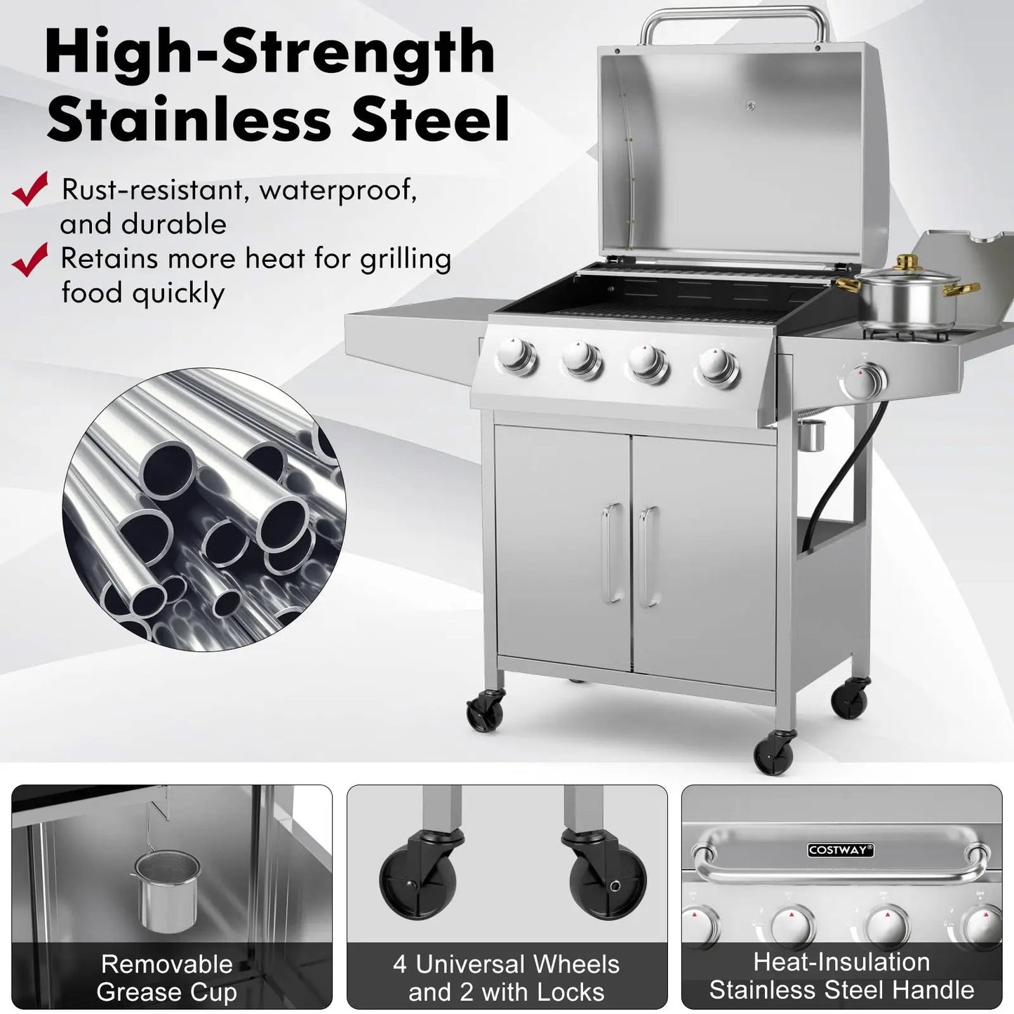 50000BTU 5-Burner Propane Grill with Side Burner in stainless steel, wheels and storage on Tampa Home & Garden Store