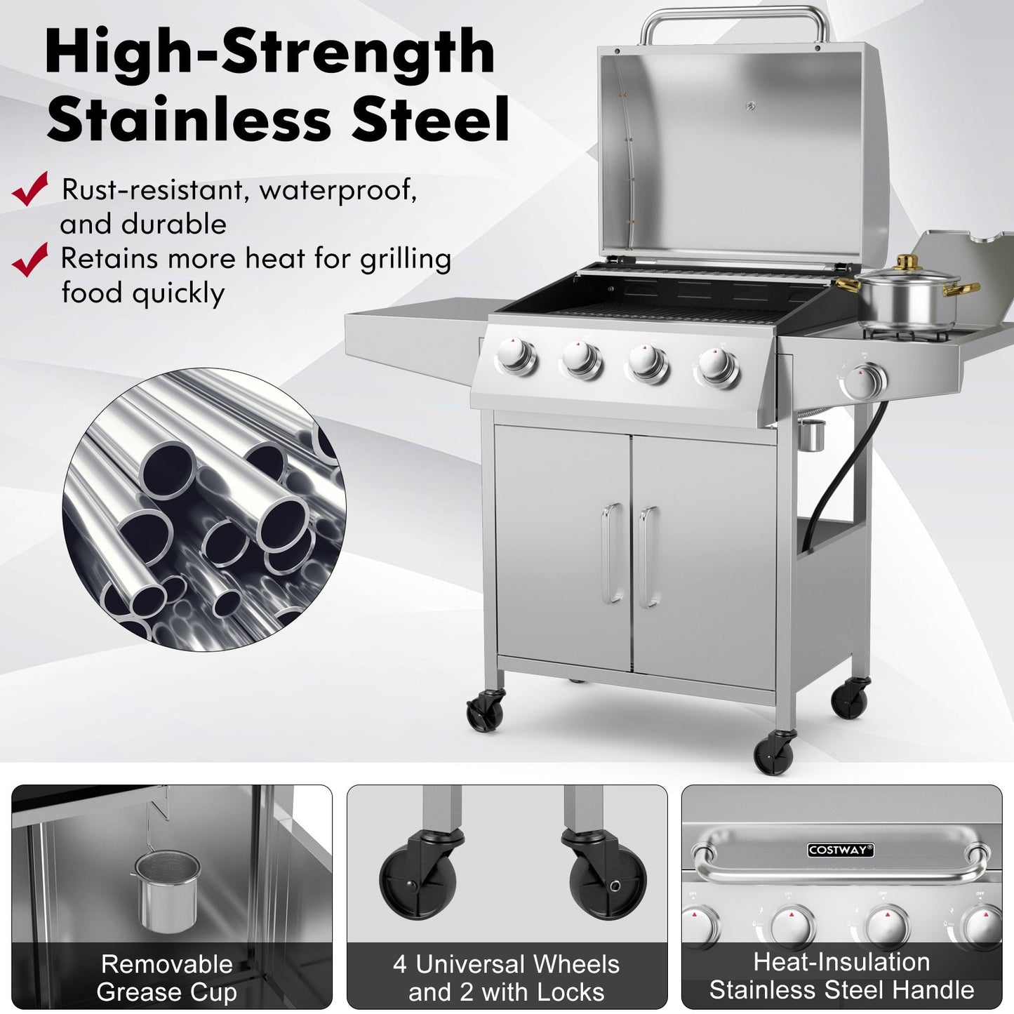 Parrilla de gas propano de 5 quemadores y 50000 BTU con quemador lateral y 2 mesas auxiliares - Plata