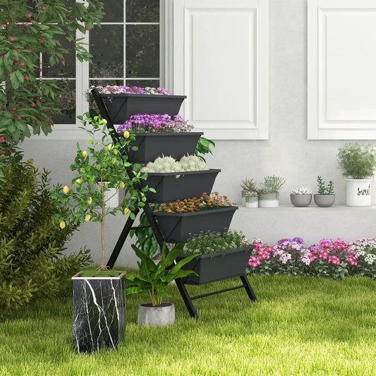 Five-Tier Vertical Raised Garden Bed with Wheels in dark gray metal stacked planters on Tampa Home & Garden Store