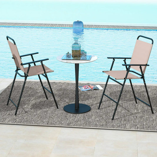 Set of 2 beige DirectDeals patio folding bar-height chairs with armrests around a round table by the pool on Tampa Home & Garden Store