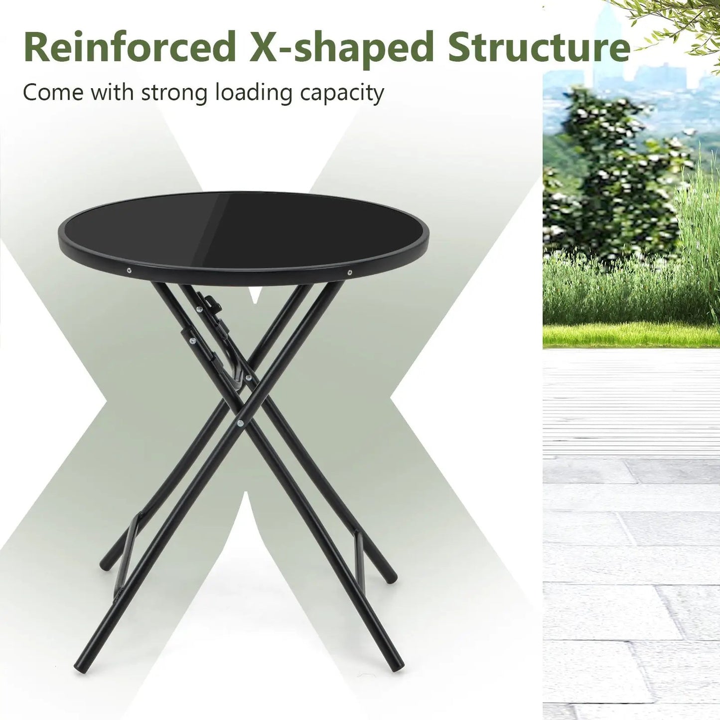 DirectDeals 23 Inch Round Bistro Table with Tempered Glass top, black foldable X-frame legs on Tampa Home & Garden Store