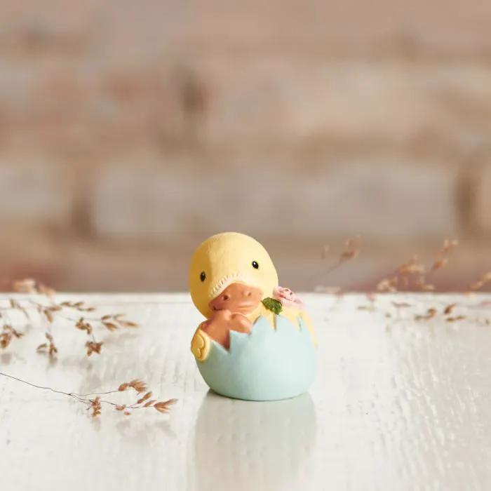 Roseline Duckling Figurine In Eggshell, yellow duckling in pastel blue eggshell ornament on Tampa Home & Garden Store