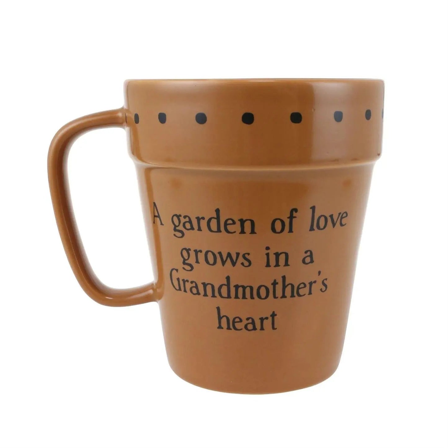 Planting Pot Mug terracotta with dotted rim and Grandmother's heart garden quote on Tampa Home & Garden Store